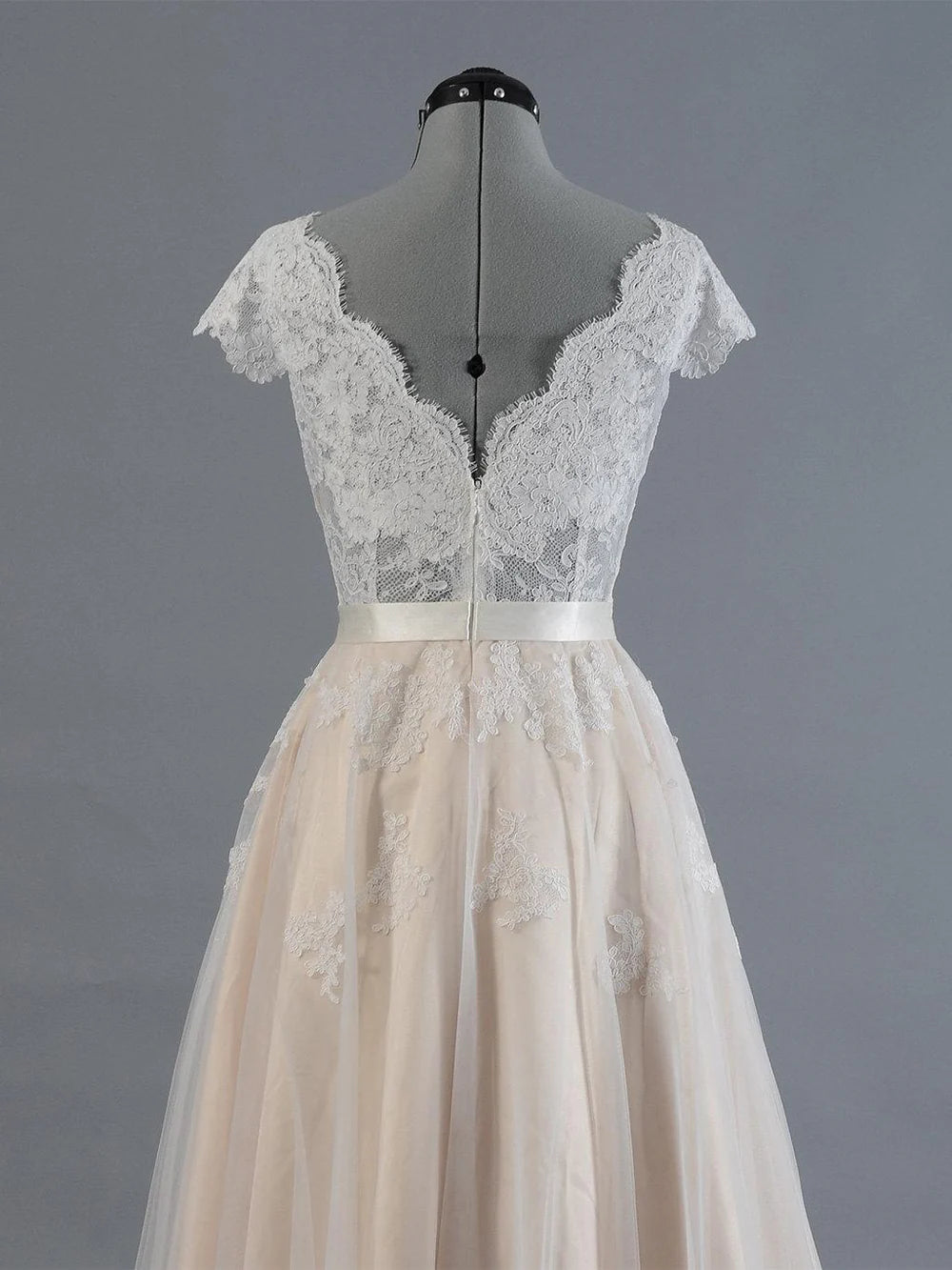 Sleeve V Neck Lace Tulle Wedding Dress