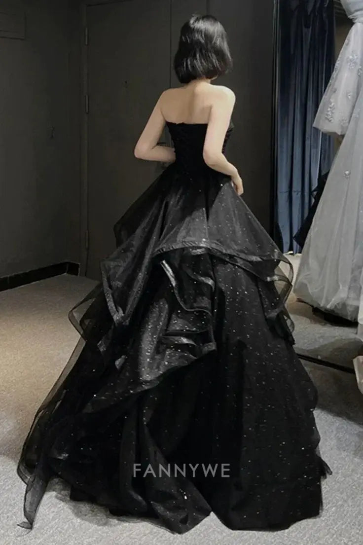 A-line Shiny Sweetheart Tulle Layers Black formal dresses Bridesmaid Dresses evening gown Prom Dress