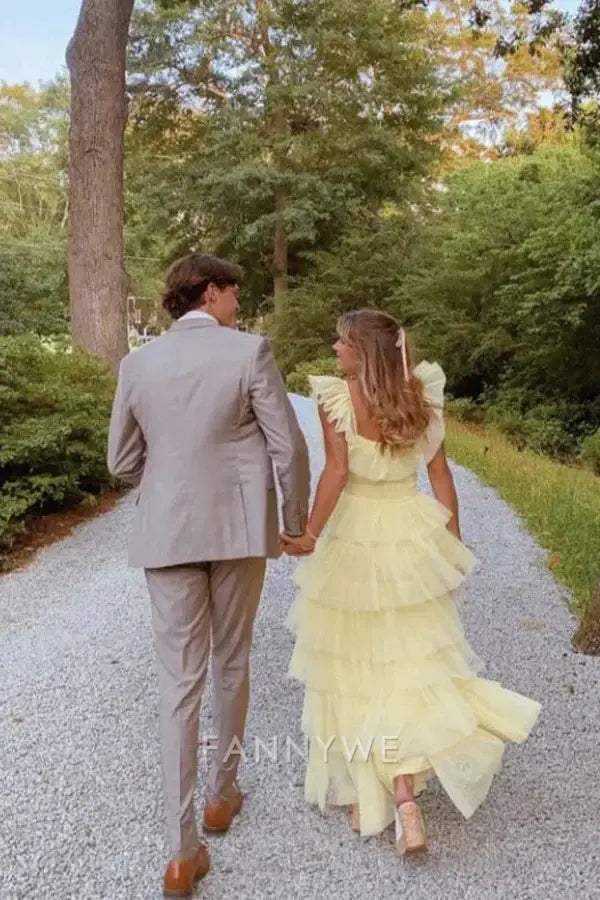 A-line Square Neck multi-layered long tulle Yellow formal dresses Bridesmaid Dresses evening gown Prom Dress