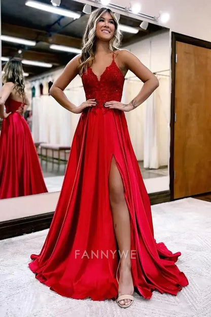 A-line V-neck Spaghetti Straps Satin formal dresses Bridesmaid Dresses evening gown Prom Dress With Slit