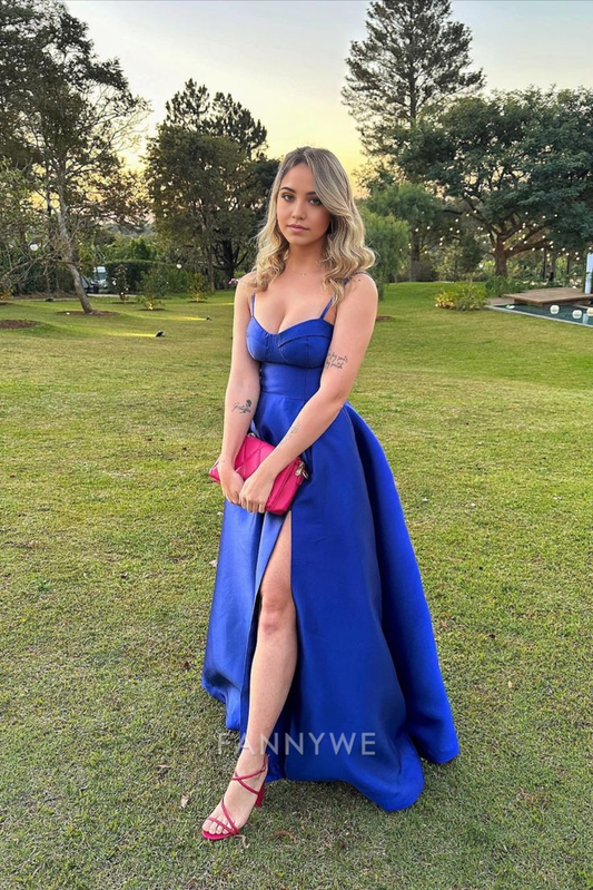 A-Linie Spaghettiträger Satin Königsblau Lange Abendkleider Brautjungfernkleider Abendkleid Ballkleid 