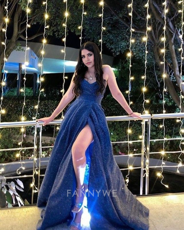 Vestido largo formal azul marino brillante sin tirantes de corte A, vestido de dama de honor, vestido de noche, vestido de fiesta 