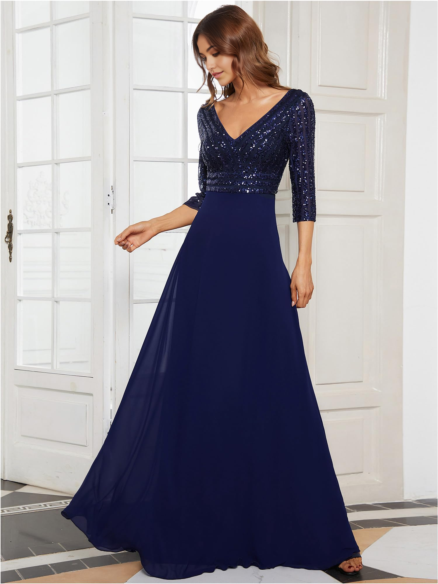 Elegant A-line V-Neck Long Sleeve Sequin Maxi Chiffon formal dresses evening gown Prom Dress