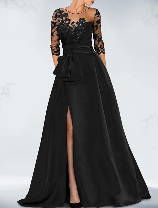 A-Line Elegant Wedding Guest Dress Court Train Jewel Neck 3/4 Sleeves Evening Gown with Beaded Appliques Slits Mother of the Bride Dresses