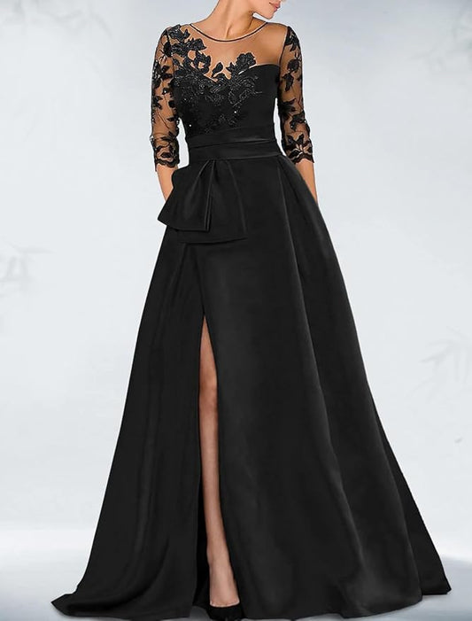 A-Line Elegant Wedding Guest Dress Court Train Jewel Neck 3/4 Sleeves Evening Gown with Beaded Appliques Slits Mother of the Bride Dresses