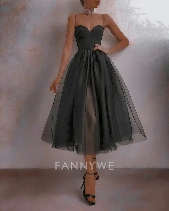 A-line Spaghetti Straps Tulle Black formal dresses Bridesmaid Dresses evening gown Prom Dress