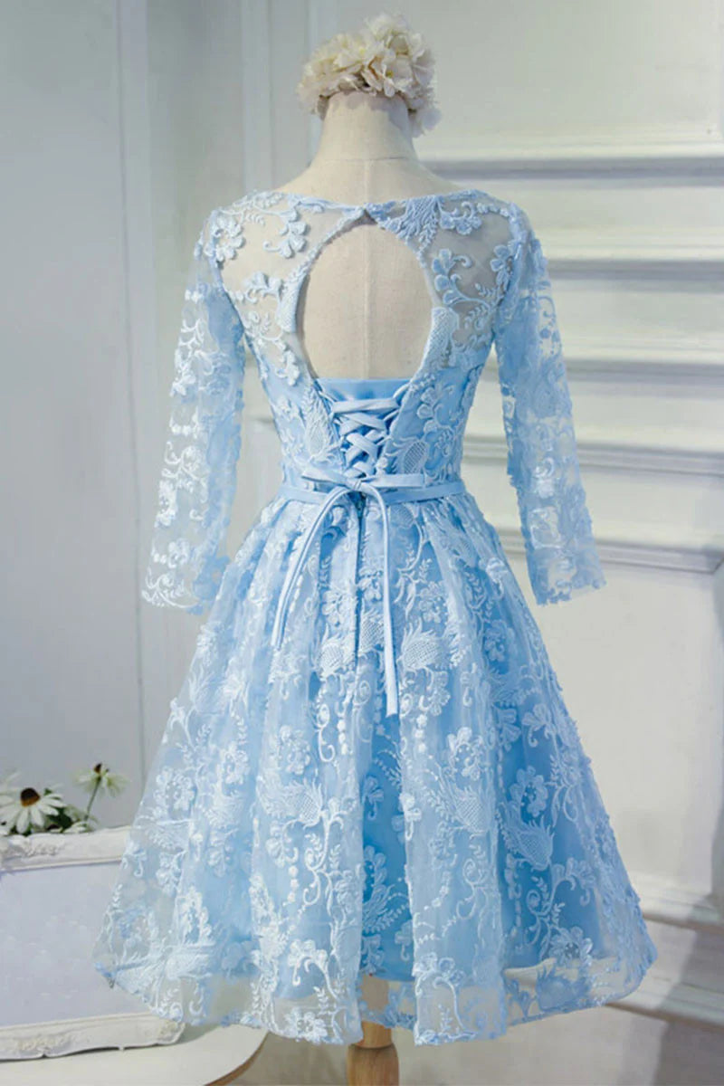 round neck lace short prom dress