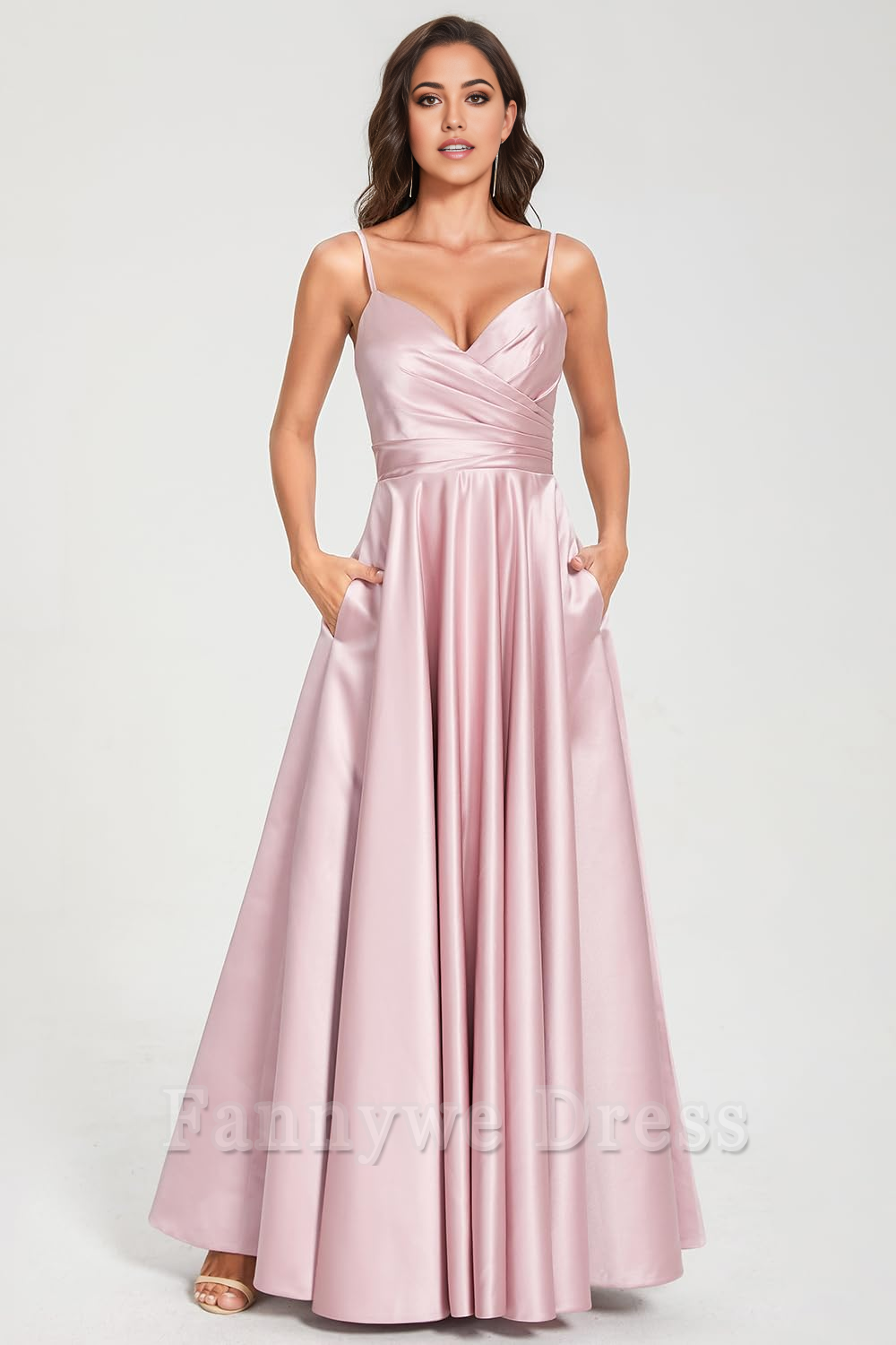 A-line V Neck Spaghetti Ruched Satin formal dresses Bridesmaid Dresses evening gown Prom Dress