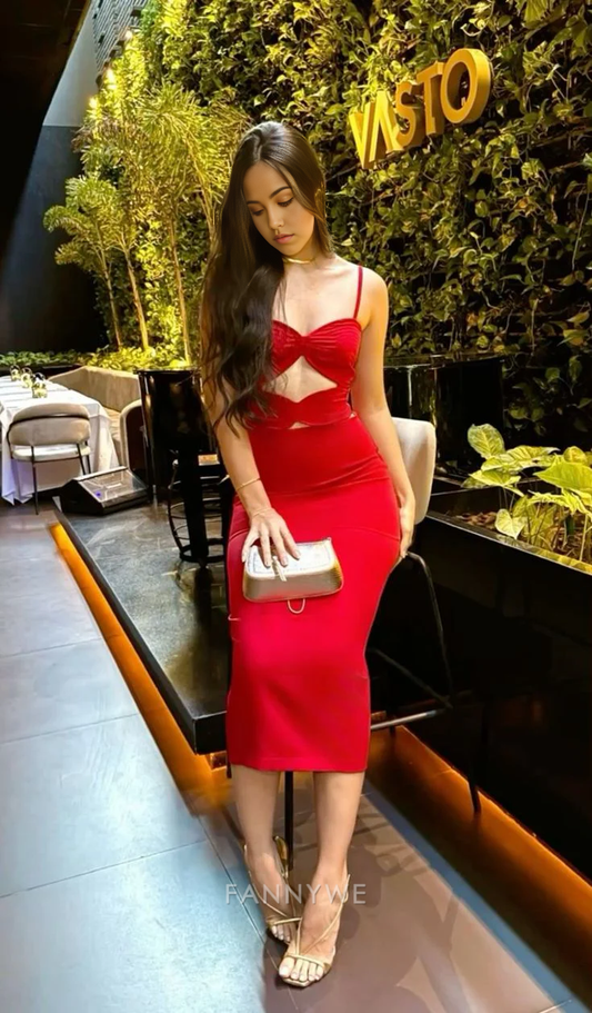 Etuikleid mit Spaghettiträgern, charmantes rotes Midi-Kleid, formelle Kleider, Brautjungfernkleider, Abendkleid, Ballkleid 