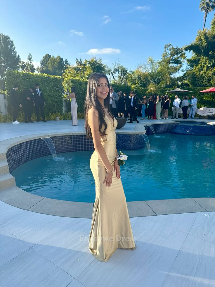 Mermaid Straps Backless Satin Champagne Long formal dresses Bridesmaid Dresses evening gown Prom Dress