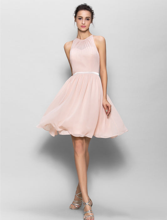 Produktbeispiel A-Linie/Ballkleid, Rundhalsausschnitt, knielang, Chiffon-Brautjungfernkleid mit Schärpe/Schleife/Falten