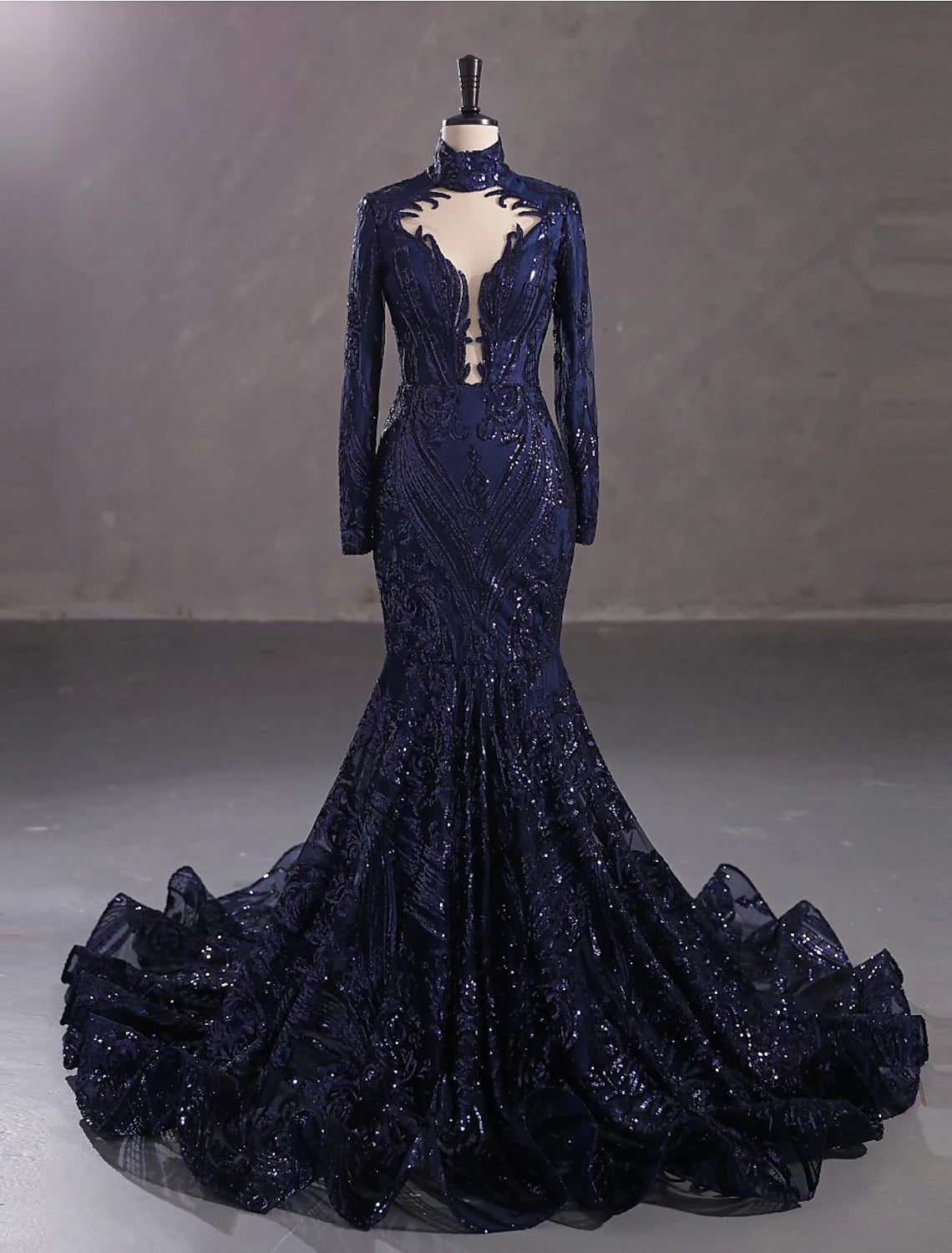 Mermaid / Trumpet Evening Gown Elegant Dress Engagement Court Train Long Sleeve Stand Collar Lace with Sequin