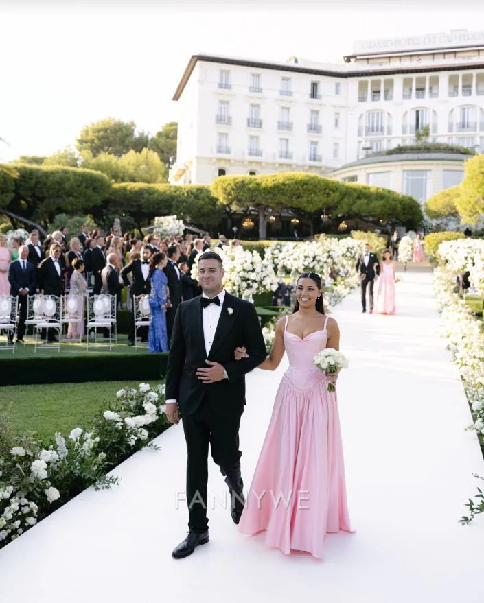 A-line elegant sweetheart neckline spaghetti strap satin Pink long formal dresses Bridesmaid Dresses evening gown Prom Dress