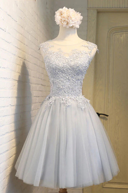 Round neck lace applique tulle short prom dress