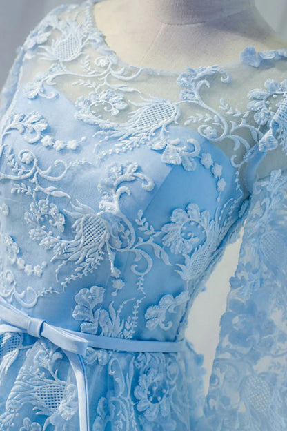 round neck lace short prom dress