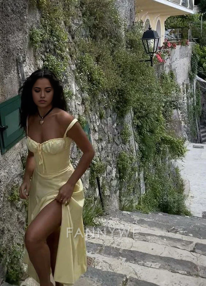 Vestidos formales largos de color amarillo claro con tirantes en forma de A, vestidos de dama de honor, vestido de noche, vestido de fiesta 