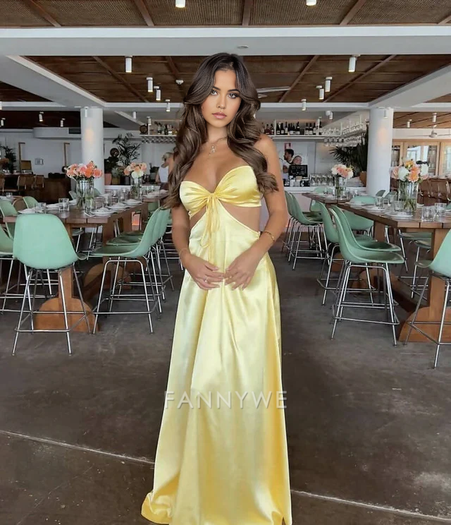 A-Line Simple Strapless Satin Yellow Long formal dresses Bridesmaid Dresses evening gown Prom Dress