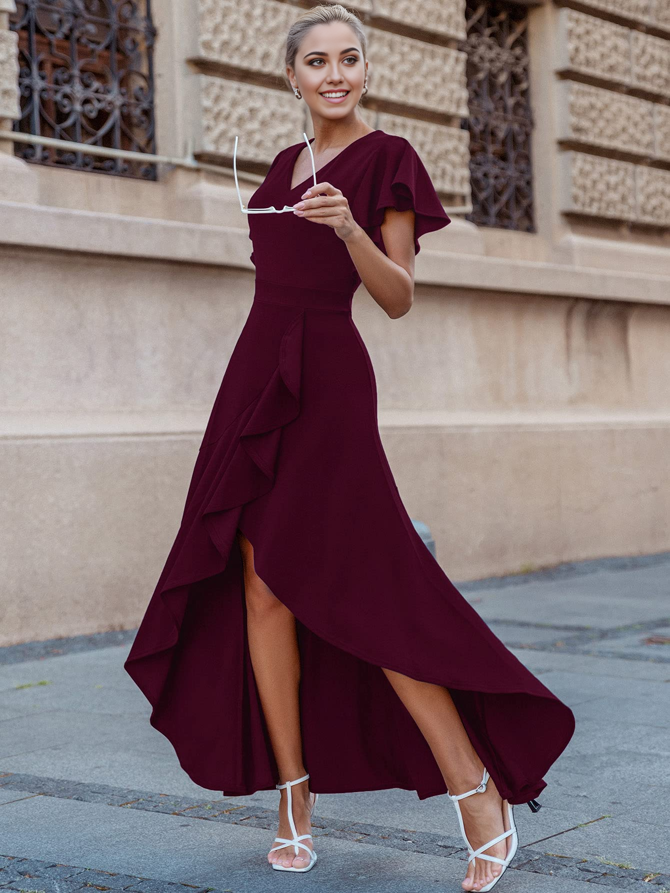 Vestidos formales con volantes y escote en V de línea A, vestidos de dama de honor, vestido de noche, vestido de fiesta con abertura 