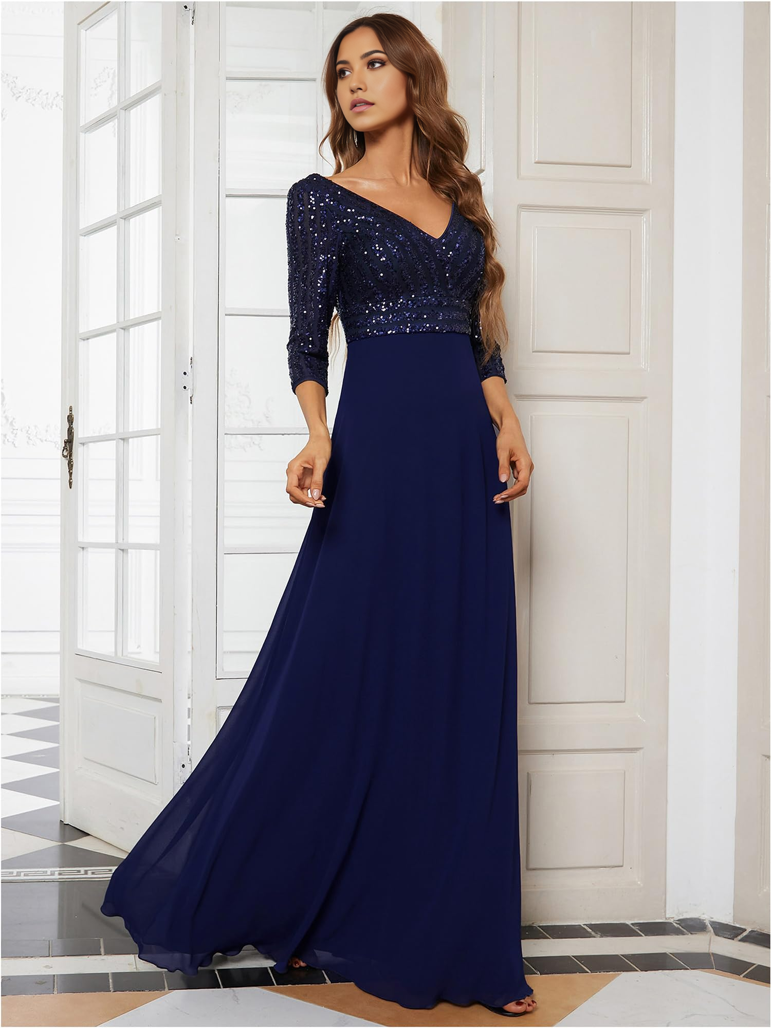 Elegant A-line V-Neck Long Sleeve Sequin Maxi Chiffon formal dresses evening gown Prom Dress