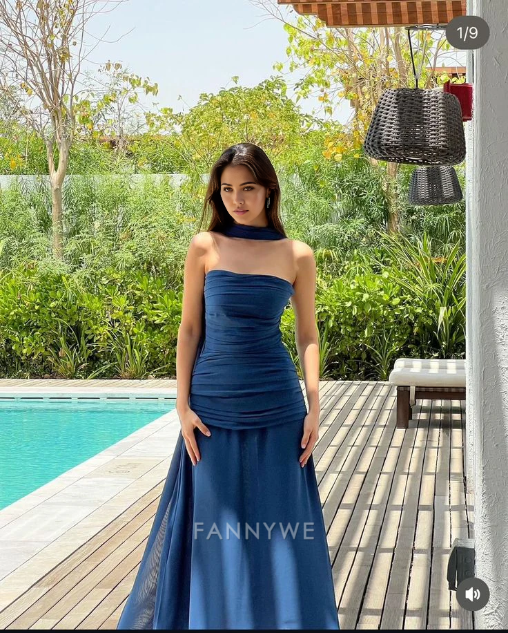 Sheath Strapless Elegant Dark Blue Long formal dresses Bridesmaid Dresses evening gown Prom Dress