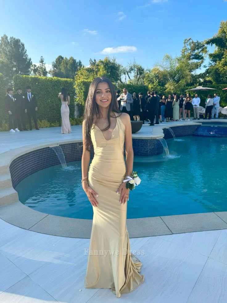 Mermaid Straps Backless Satin Champagne Long formal dresses Bridesmaid Dresses evening gown Prom Dress