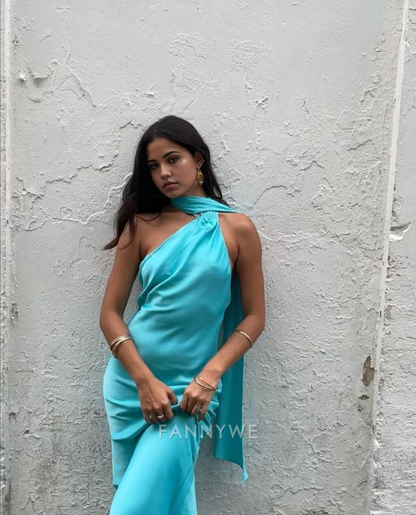 Sheath Halter Simple Satin Chic Blue formal dresses Bridesmaid Dresses evening gown Prom Dress