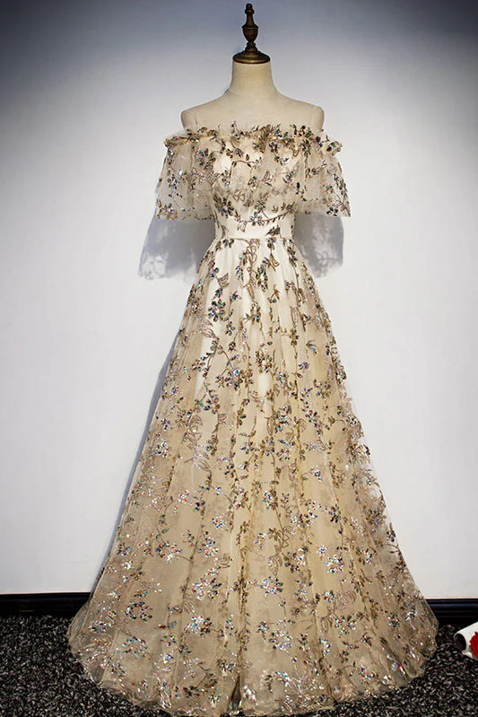 Tulle lace long prom dress