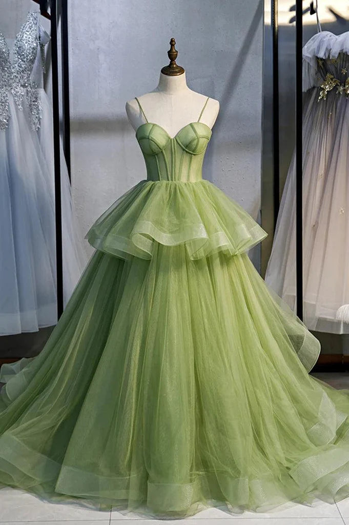 A-Line Tulle Long Prom Dresses with Train