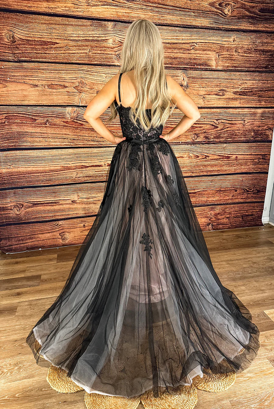 A-line Lace Applique Spaghetti Straps Black Wedding Dress