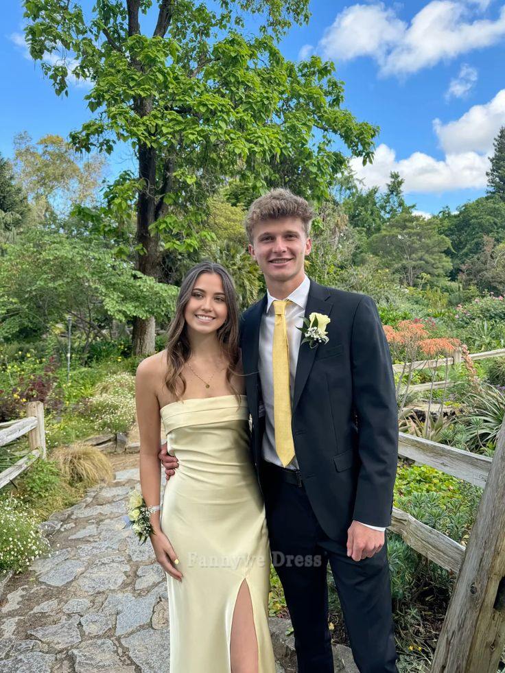 Sheath Strapless Satin Light Yellow Long formal dresses Bridesmaid Dresses evening gown Prom Dress