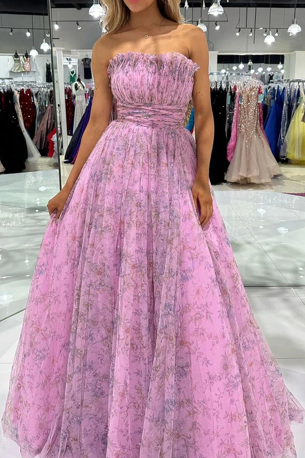 A Line Strapless Floral Printed Long Prom Dress with Ruffles
