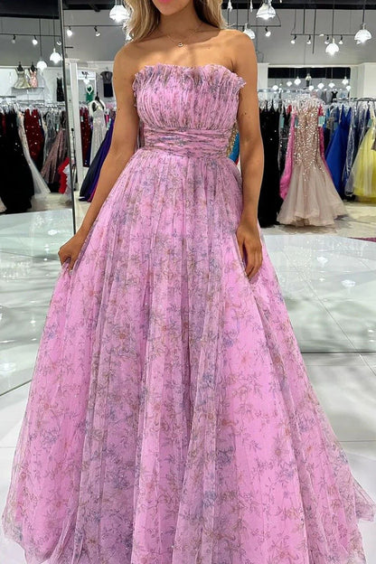 A Line Strapless Floral Printed Long Prom Dress with Ruffles