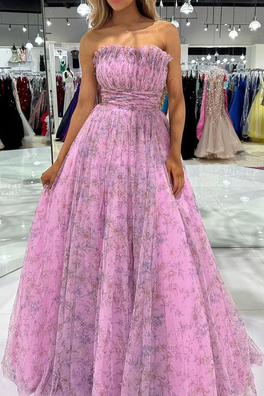 A Line Strapless Floral Printed Long Prom Dress with Ruffles