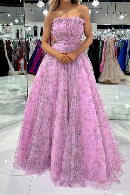 A Line Strapless Floral Printed Long Prom Dress with Ruffles