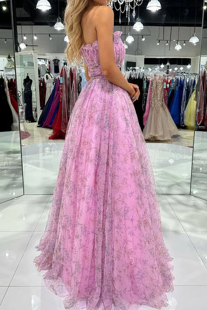 A Line Strapless Floral Printed Long Prom Dress with Ruffles