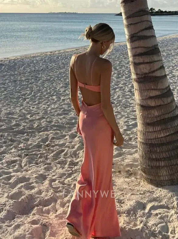 Sheath Spaghetti Straps Satin Long formal dresses Bridesmaid Dresses evening gown Prom Dress