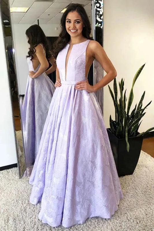 Vestido de fiesta/noche estampado hasta el suelo con cuello redondo y corte A