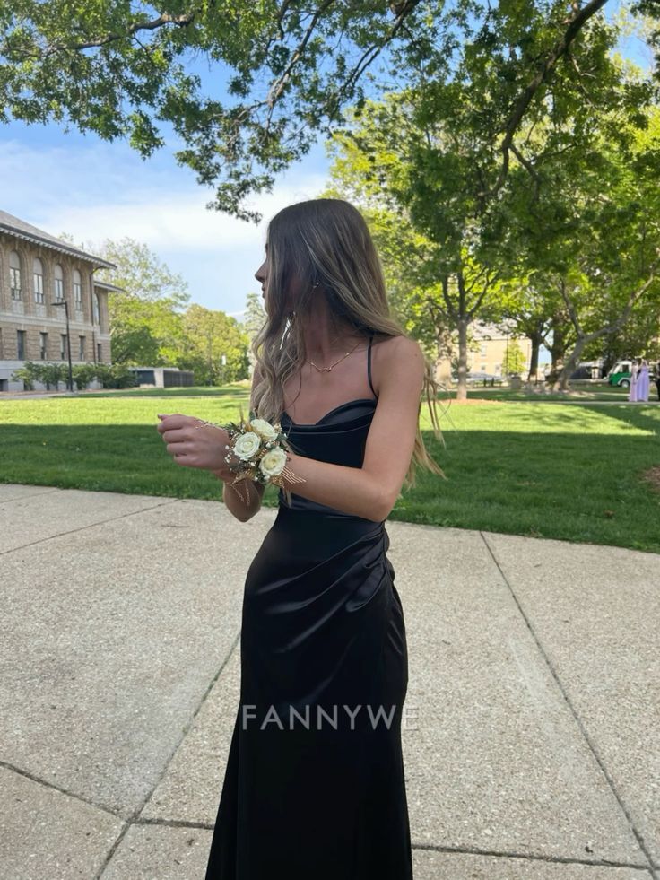 Sheath Straps Split Satin Black Long formal dresses Bridesmaid Dresses evening gown Prom Dress