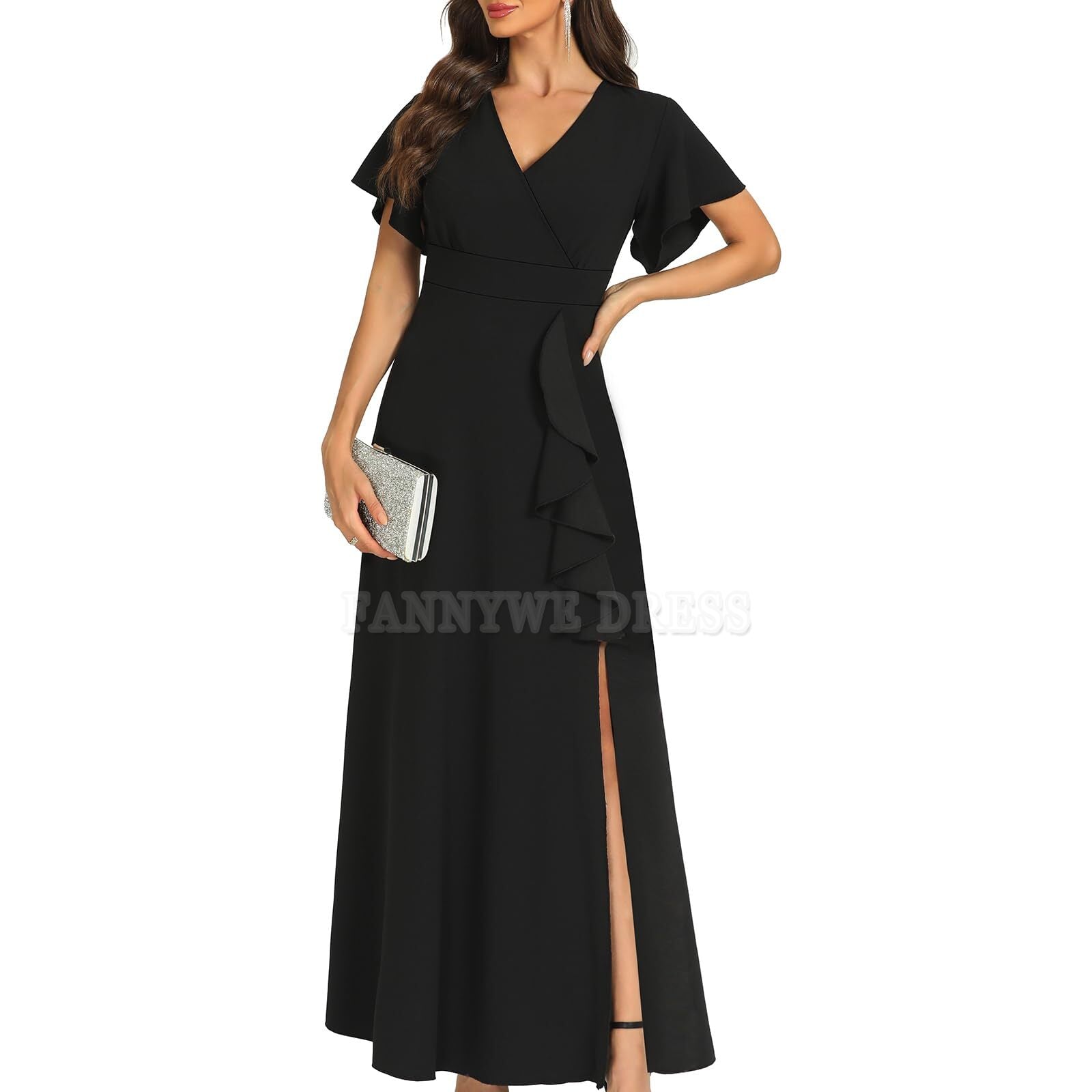 A-line V Neck Ruffle Party Gowns formal dresses Bridesmaid Dresses evening gown Prom Dress With Split