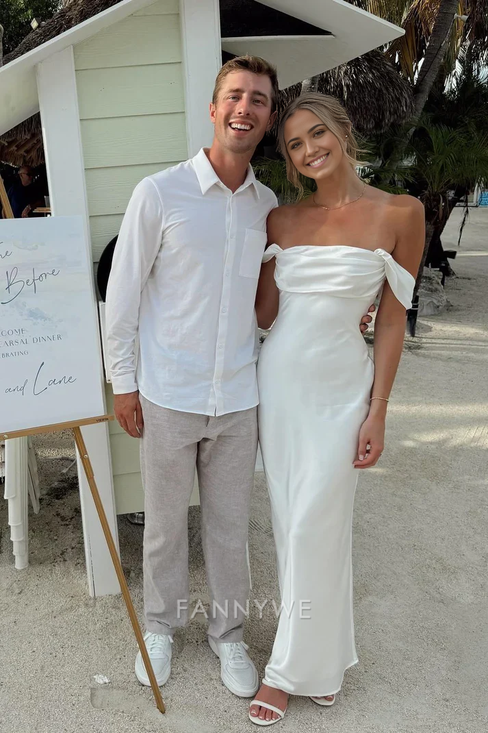 Sheath Simple Off The Shoulder Satin White Long formal dresses Bridesmaid Dresses evening gown Prom Dress