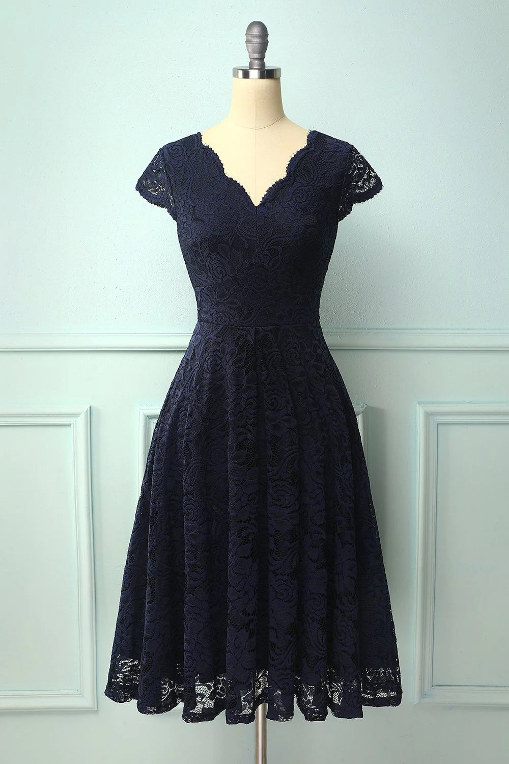Navy V Neck Midi Lace