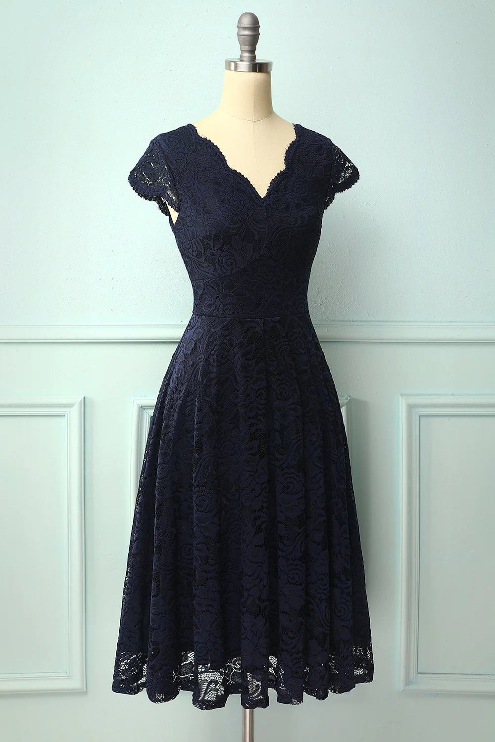 Navy V Neck Midi Lace