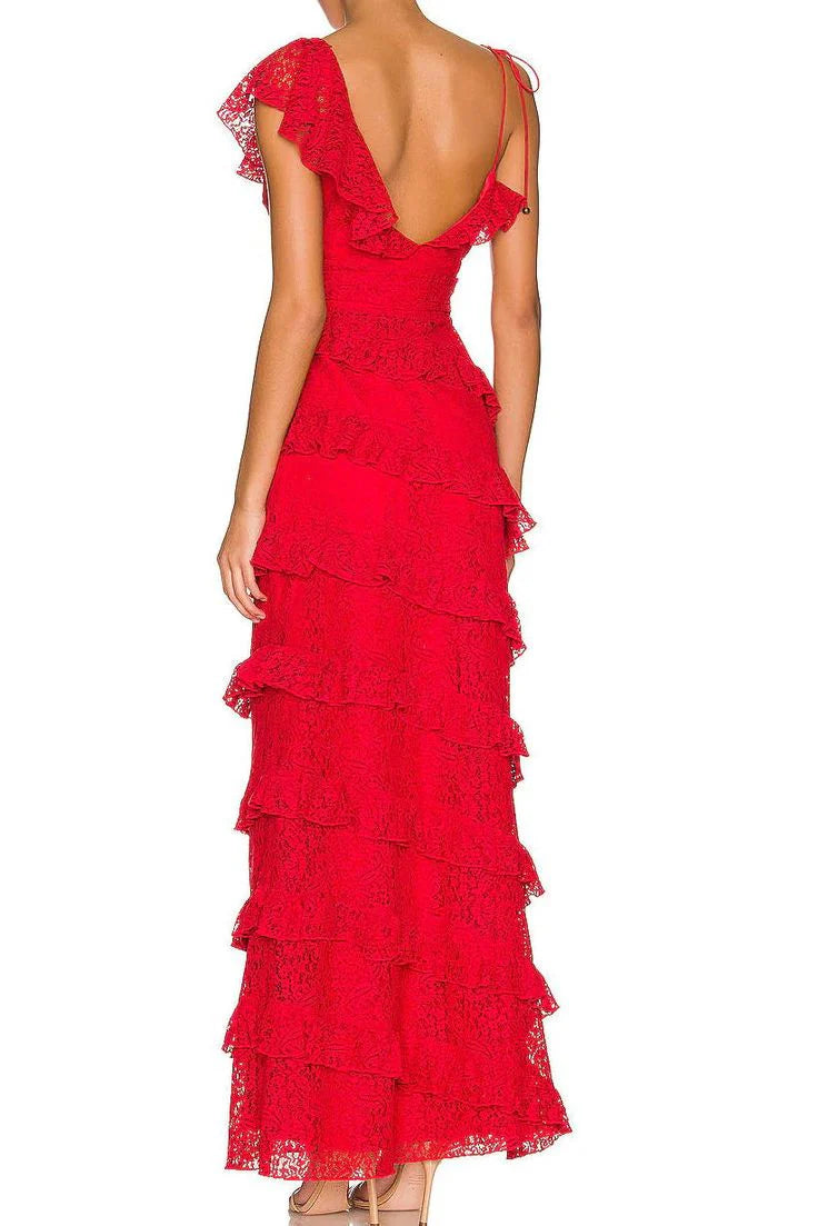 Gerades langes Ballkleid aus Spitze, mehrlagiges Abendkleid, Abschlusskleid