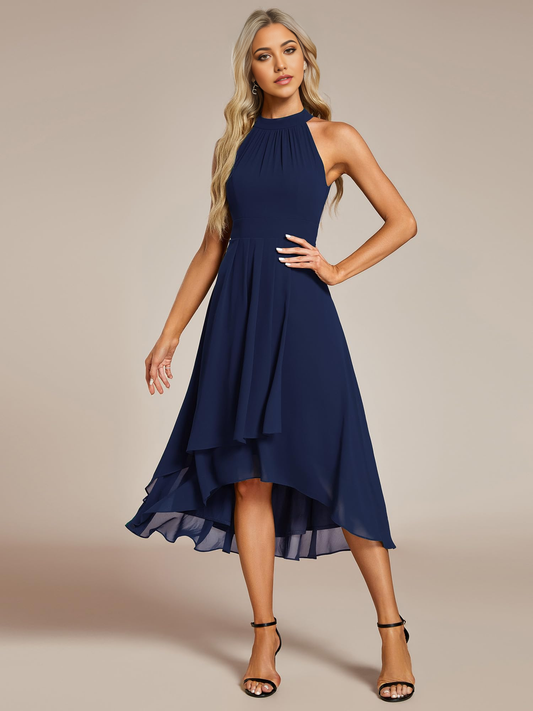 A-Linie Ärmellos Neckholder Plissee High Low Chiffon Abendkleider Brautjungfernkleider Abendkleid Ballkleid 