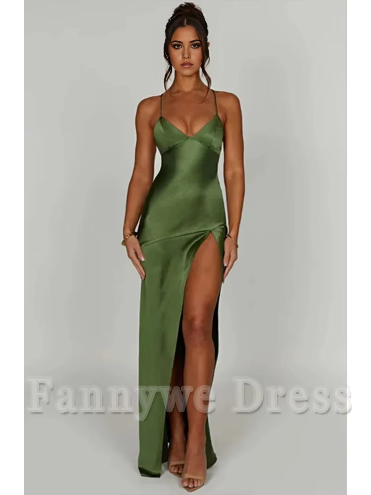 Elegant Spaghetti Strap Backless Lace-Up Split Satin formal dresses Bridesmaid Dresses evening gown Prom Dress