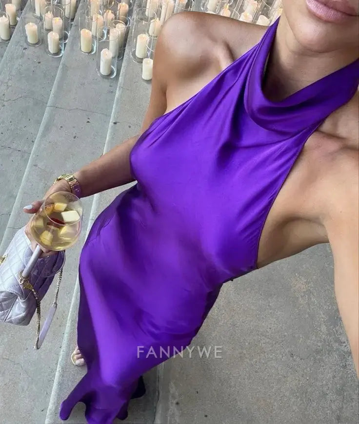 Vestido de noche morado con escote halter, espalda abierta y satén, para dama de honor y graduación. 