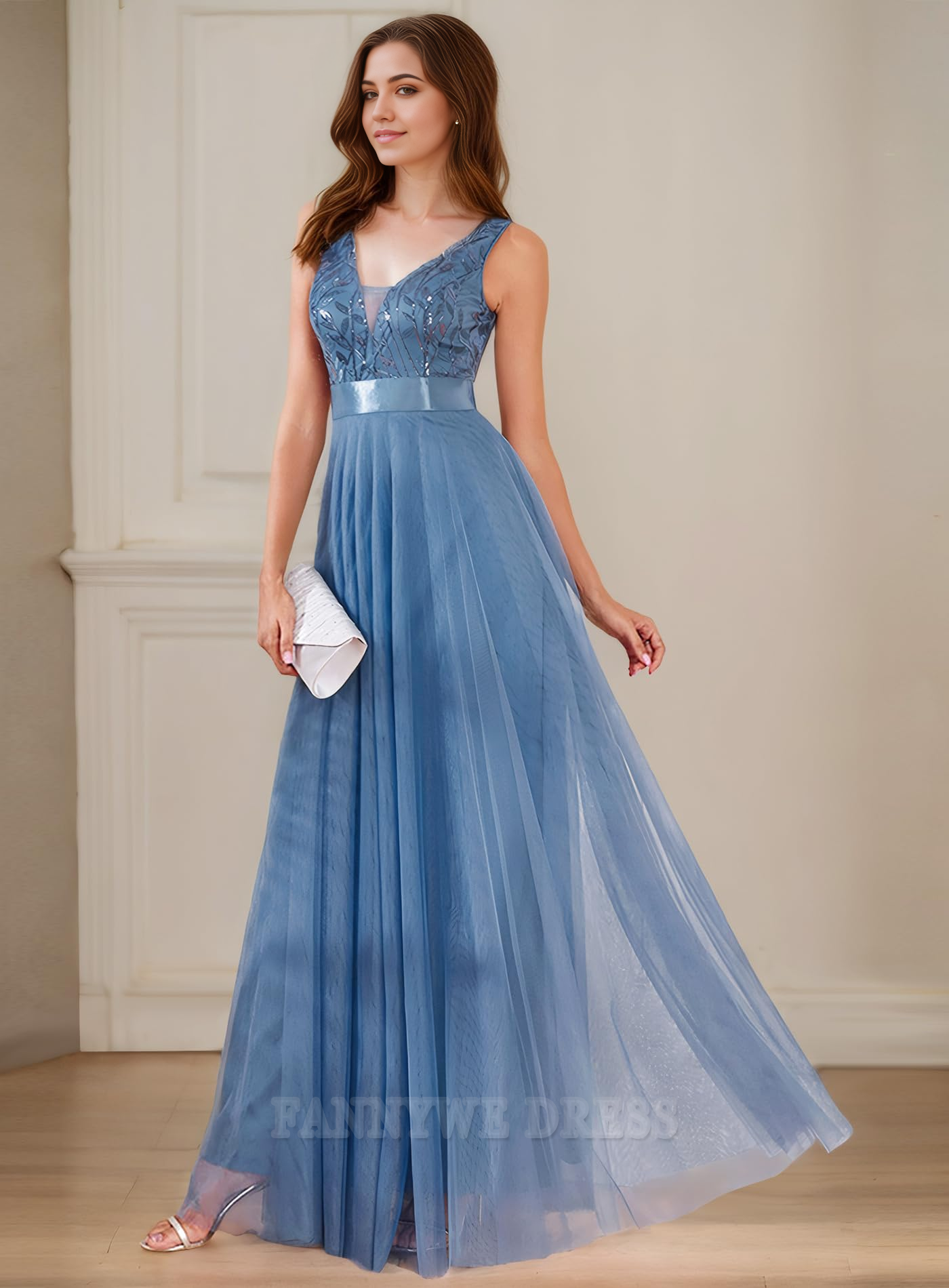 A Line V Neck Sparkly Sequin Tulle formal dresses Bridesmaid Dresses evening gown Prom Dress