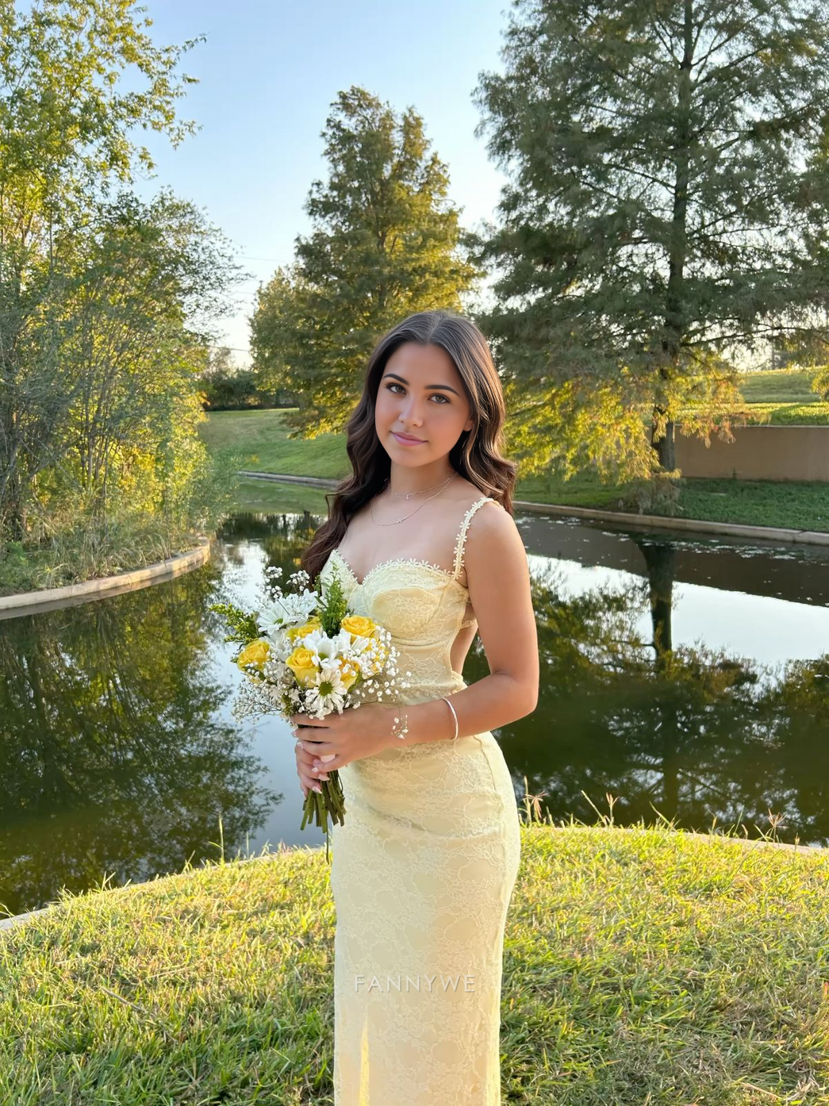 Vestido largo formal con tirantes finos, encaje, amarillo claro, para dama de honor, noche, fiesta 