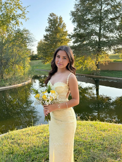 Vestido largo formal con tirantes finos, encaje, amarillo claro, para dama de honor, noche, fiesta 