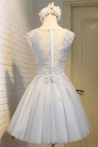 Round neck lace applique tulle short prom dress